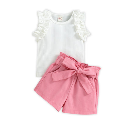 A European and American style summer small and medium-sized girl set with cotton pit strips and wooden ear edges, sleeveless top, solid color shorts, two-piece set - Mixbatch