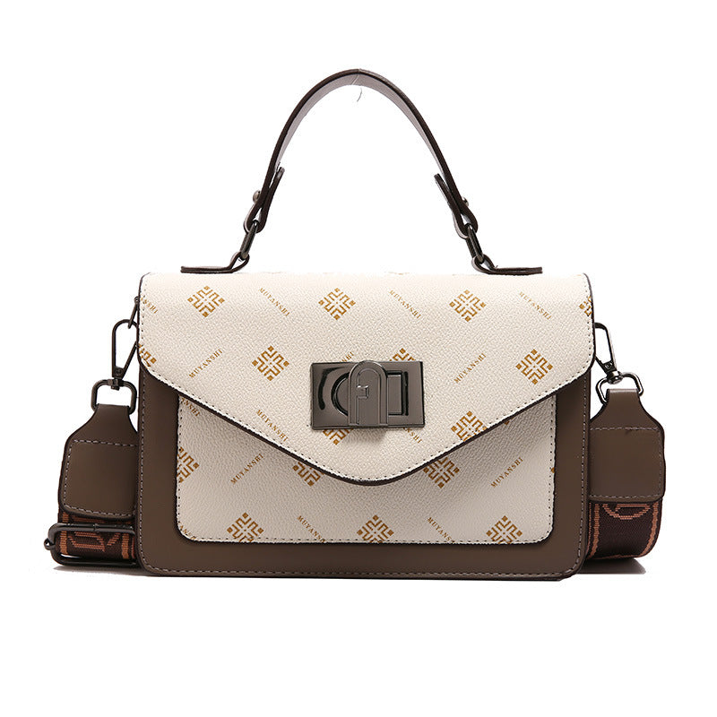 A cross-border fashion lock handbag women's simple trend atmospheric shoulder bag light luxury retro printed messenger tote bag - Mixbatch