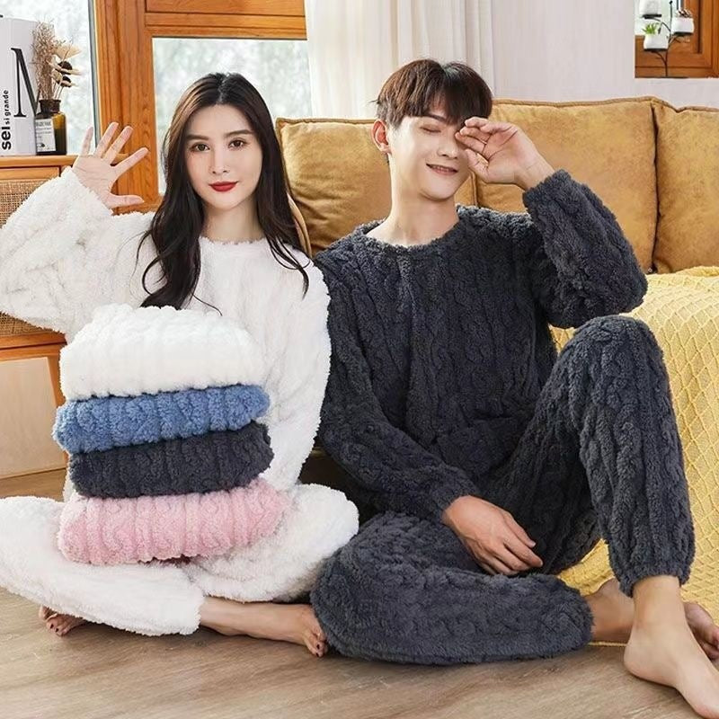 A Strictly selected coral fleece pajamas women's autumn and winter jacquard comfortable cotton fleece thickened loungewear two-piece set loose warm suit - Mixbatch