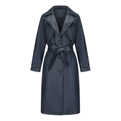 A women's long PU leather jacket