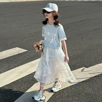 A girls summer suit new children's foreign style Korean version medium and older children's short-sleeved T-shirt half-body lace cake skirt t