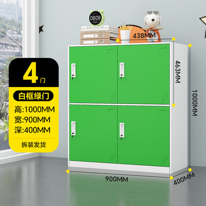 A colorful metal storage locker for school classrooms