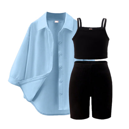 A foreign trade Europe, America, spring and autumn new girls' suit medium and small children's solid color suspender + five-point pants + long-sleeved jacket three-piece set