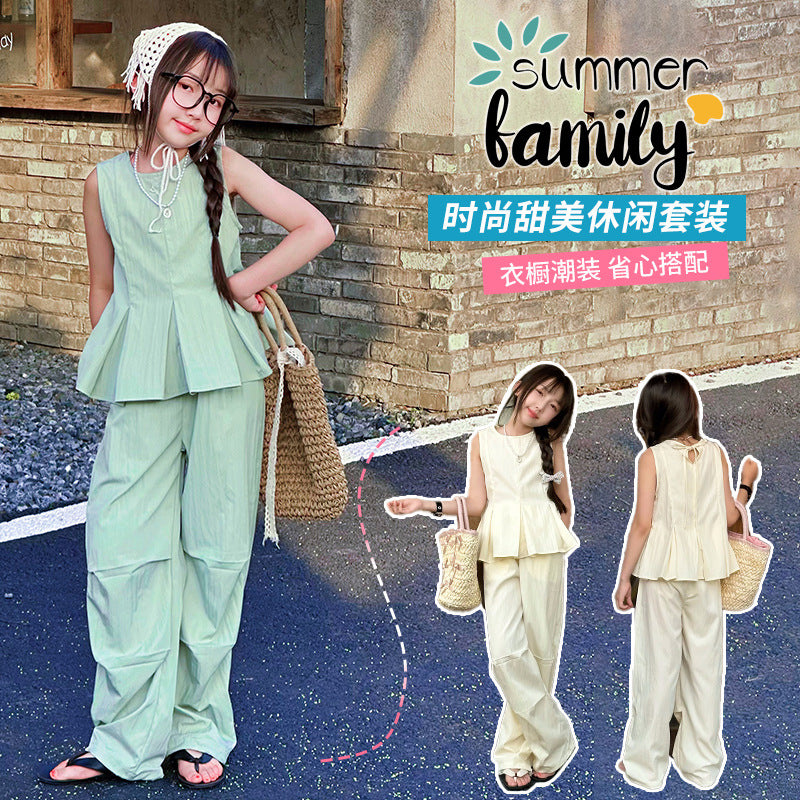 A year summer new suit middle and older children sleeveless thin vest Korean version top wide leg pants