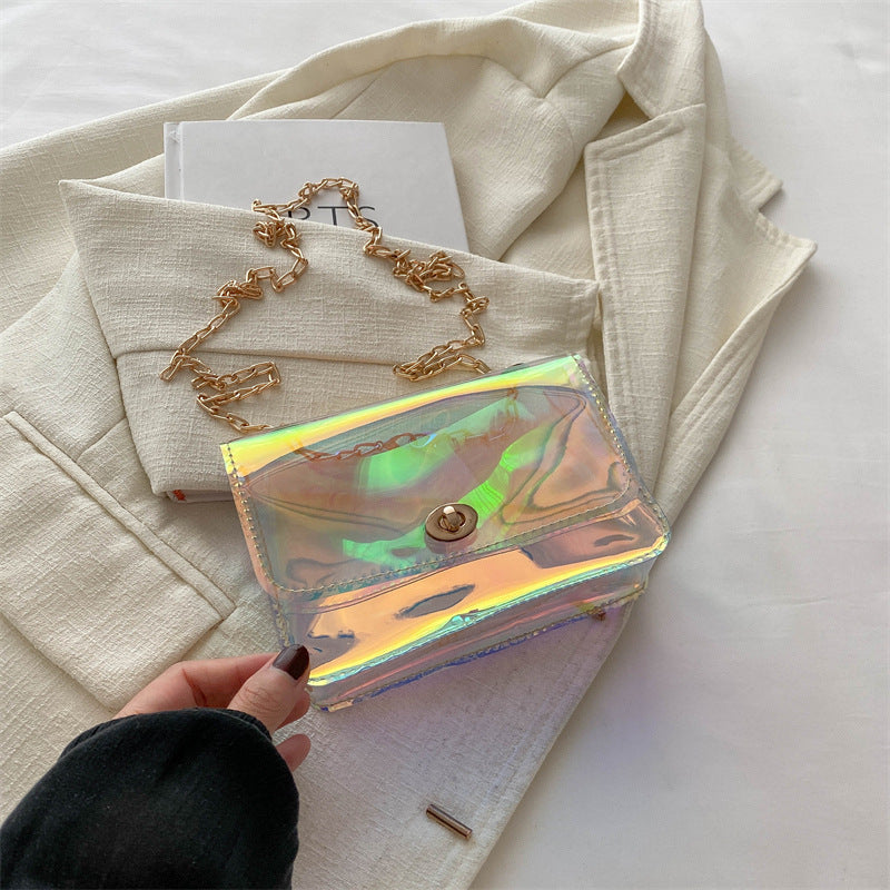 A new laser colorful small square bag chain small bag mobile phone bag change bag transparent bag shoulder messenger bag