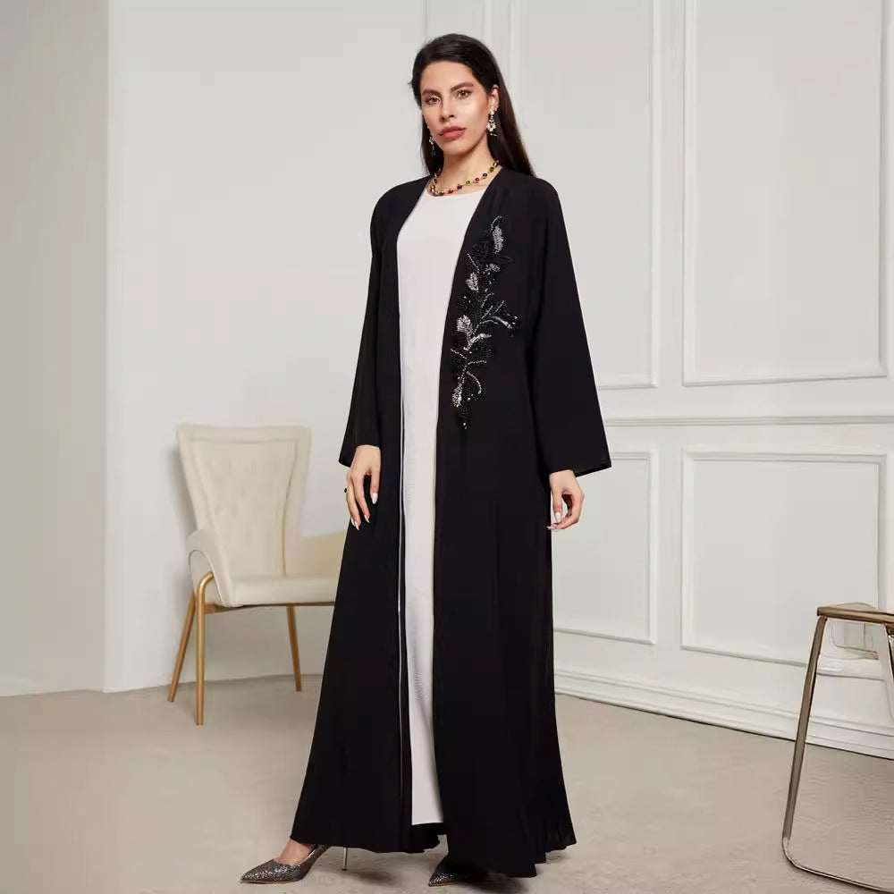 New handmade beaded Middle Eastern Muslim clothing long dress fashionable and elegant cardigan contrasting color dress robe - Mixbatch