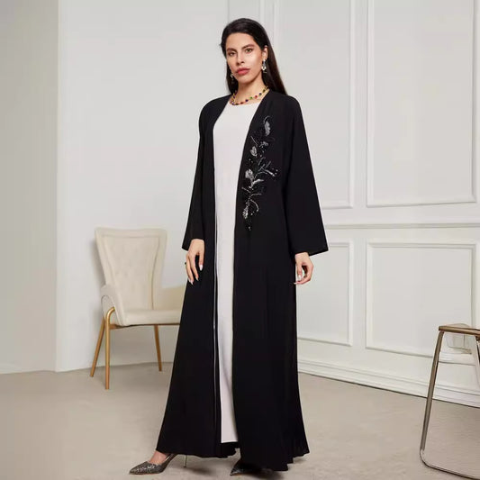 New handmade beaded Middle Eastern Muslim clothing long dress fashionable and elegant cardigan contrasting color dress robe - Mixbatch