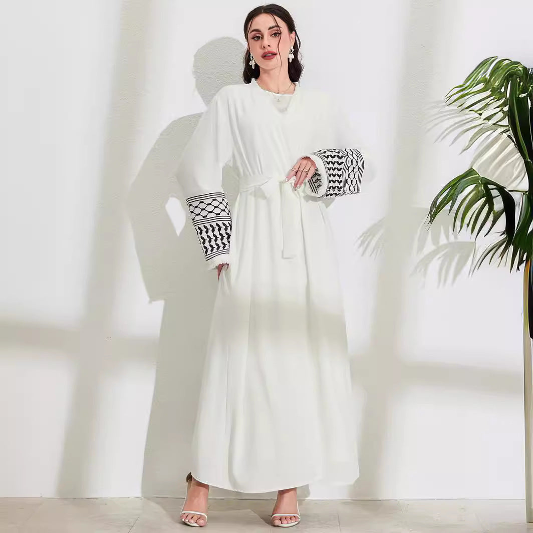 Women's Middle Eastern Muslim Clothing Elegant Pocket Cardigan Embroidered Contrast Dress Belt Robe - Mixbatch