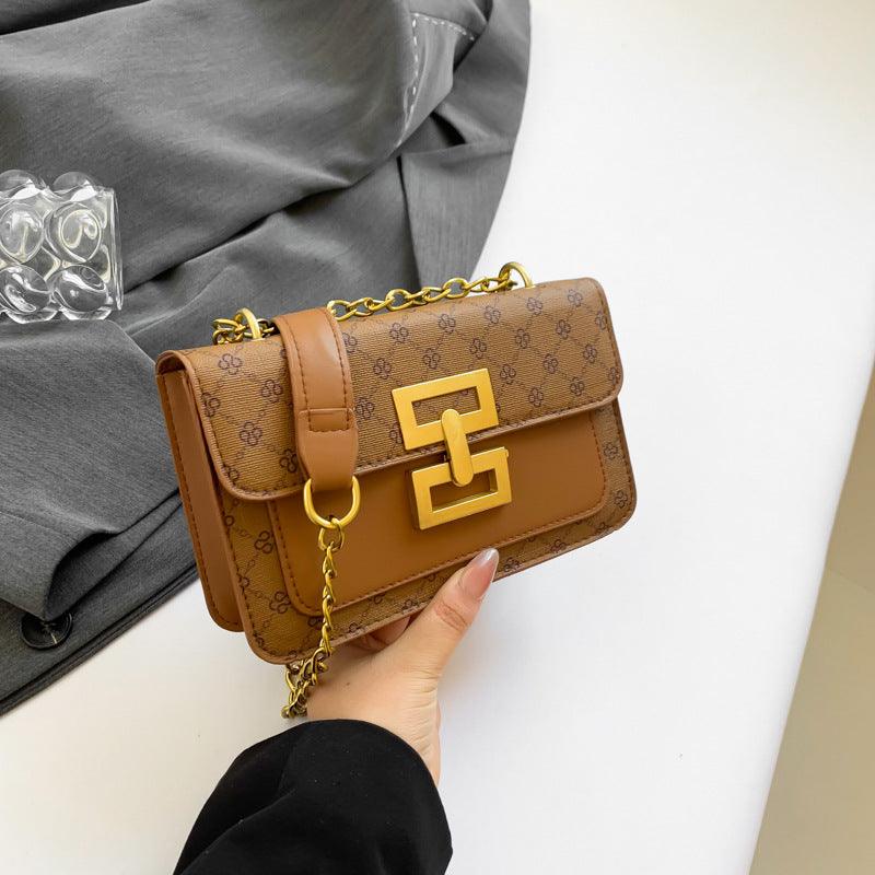 A new simple foreign style shoulder bag fashion chain retro lock small square bag printed messenger bag - Mixbatch