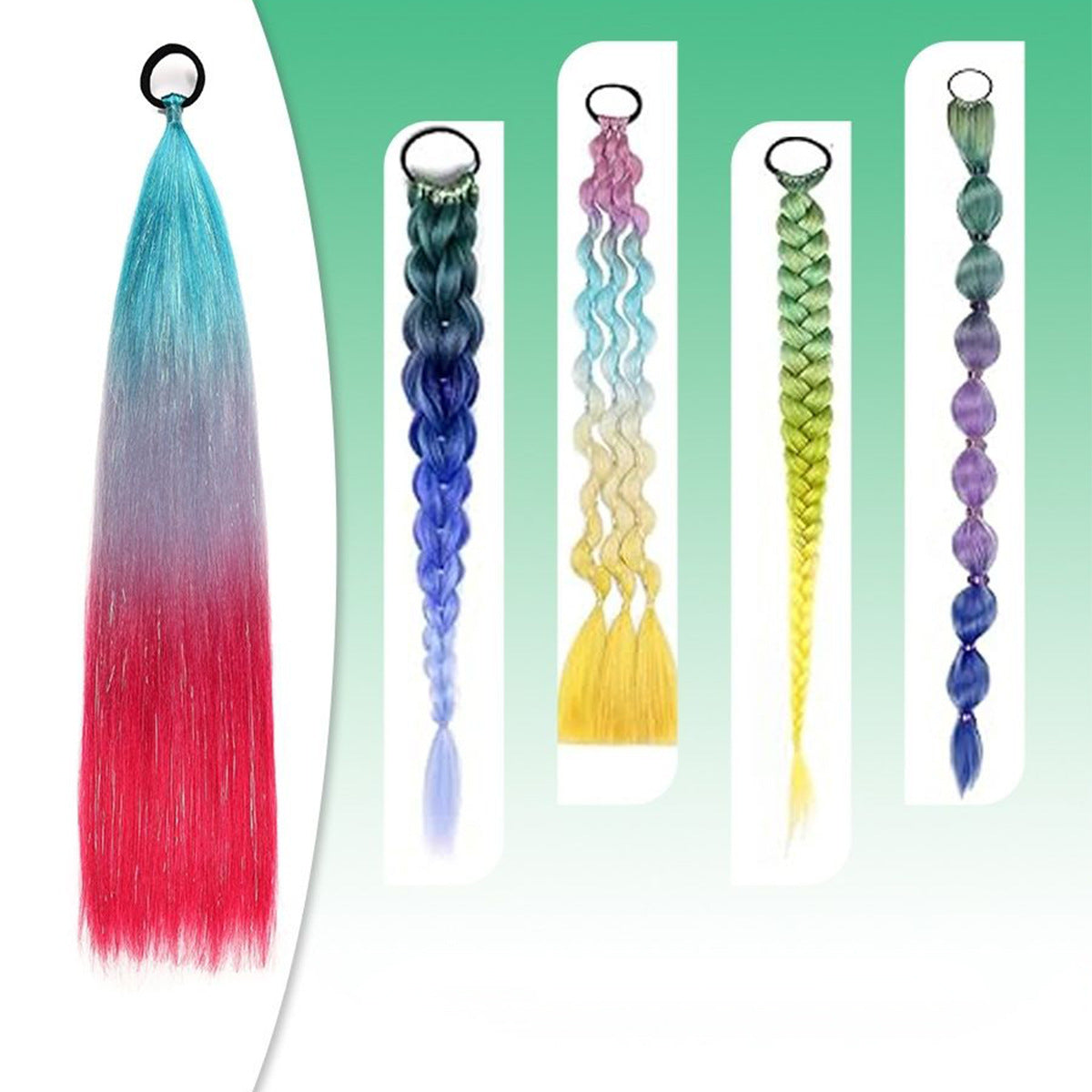 A children's color laser silk braided hair dreadlocks gold silk long ponytail hair extension colorful gradual change braid braided hair wig pair - Mixbatch