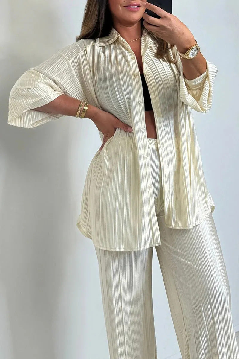 A European and American fashion women's clothing independent station lapel breasted loose long-sleeved pleated cardigan top trousers two-piece set