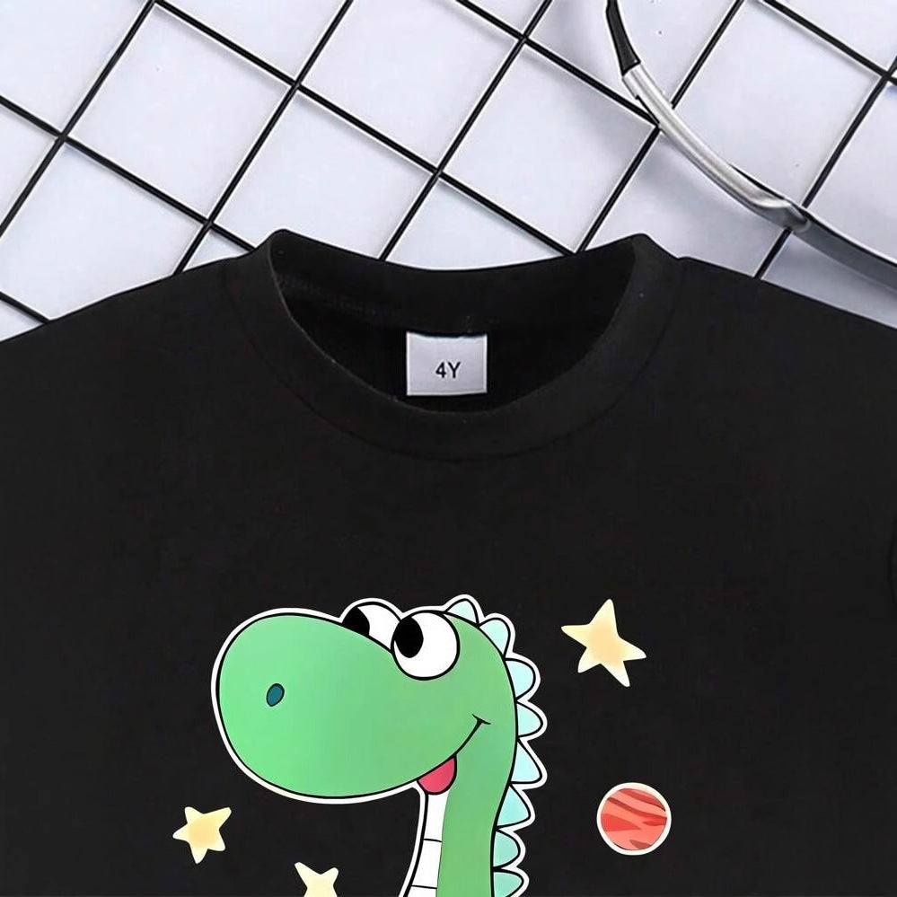 A European, American and foreign trade Amazon summer new hot sale green love dinosaur printing children's clothing set short-sleeved T-shirt shorts