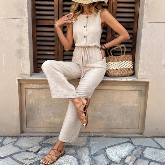 A summer women's solid color two-piece set V-neck sleeveless vest top, trousers casual suit