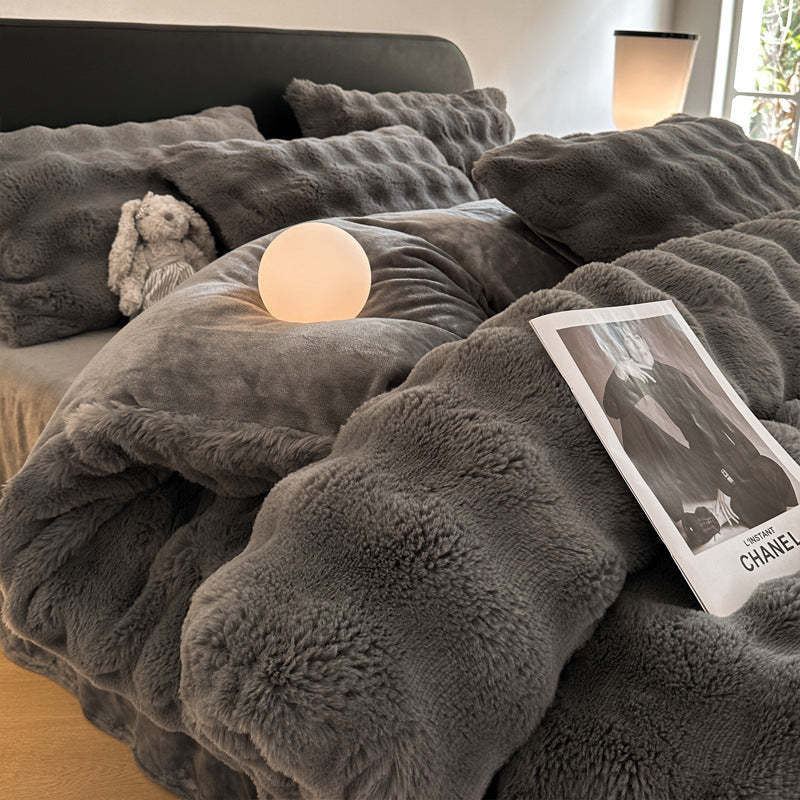 Class A 400 high gram weight light luxury sense of luxury winter thickened rabbit rabbit down four-piece set milk velvet warm quilt cover solid color 4.0kg - Mixbatch