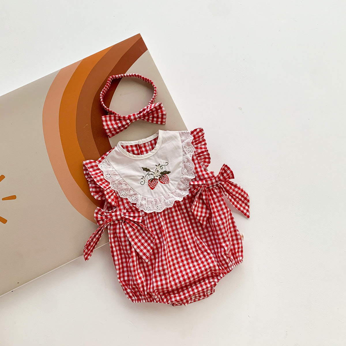 A newborn clothes summer thin girls sleeveless jumpsuit baby Korean version of red plaid triangle bag fart climbing clothes - Mixbatch
