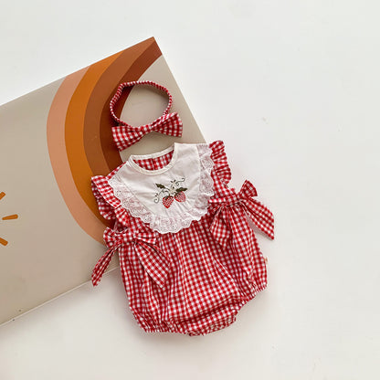 A newborn clothes summer thin girls sleeveless jumpsuit baby Korean version of red plaid triangle bag fart climbing clothes - Mixbatch