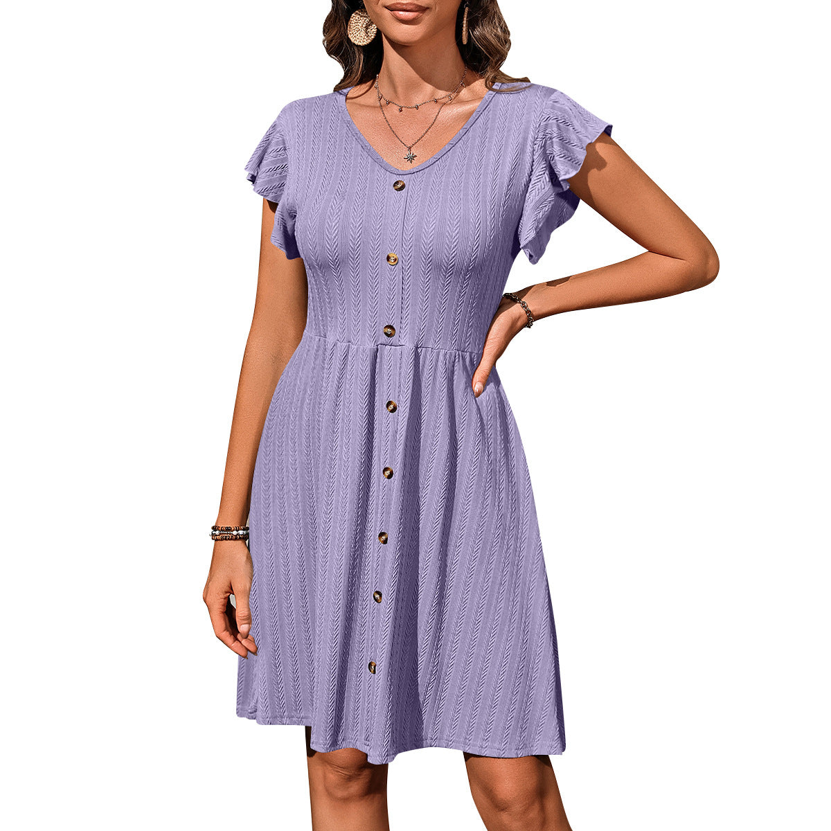 Europe, America, cross-border 2025 Amazon summer new women's clothing V-neck button waist elastic short-sleeved dress women