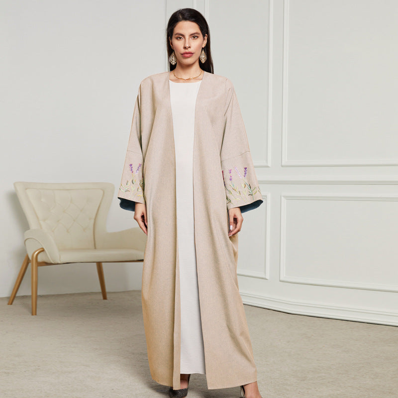 New long dress Middle Eastern Muslim clothing fashionable and elegant embroidered flower cardigan imitation hemp dress robe - Mixbatch