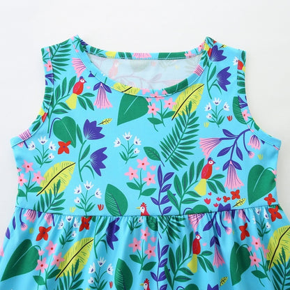 A summer new girls dress European and American style round neck flower print children's princess dress - Mixbatch