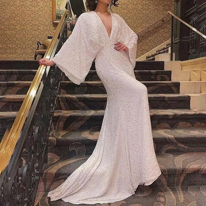 A long-sleeved sequined dress dress fishtail banquet elegant long dress V-neck