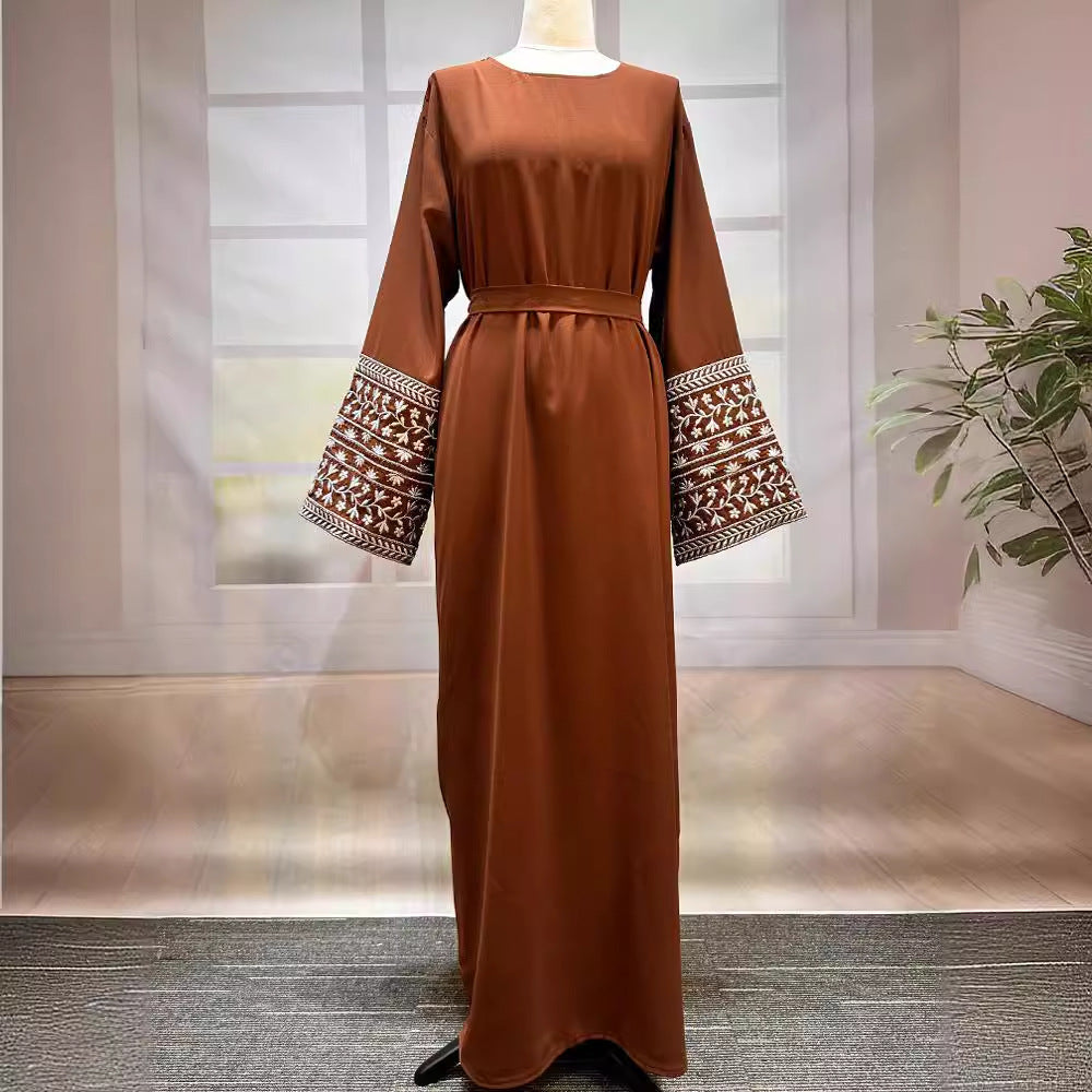 Middle Eastern Muslim Fashion Elegant Cardigan Embroidered Belt Dress Pocket Robe - Mixbatch