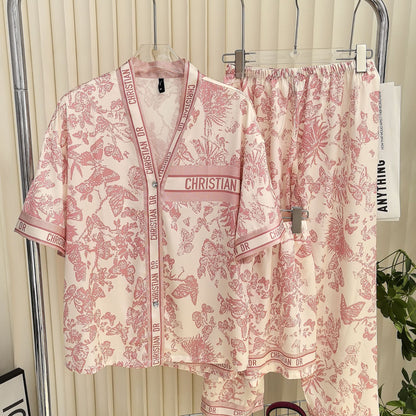 A butterfly three-piece pajamas spring and summer large size thin loose ice silk women's short-sleeved trousers set sweet and can be worn outside