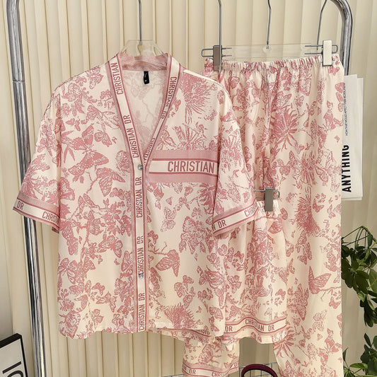 A butterfly three-piece pajamas spring and summer large size thin loose ice silk women's short-sleeved trousers set sweet and can be worn outside