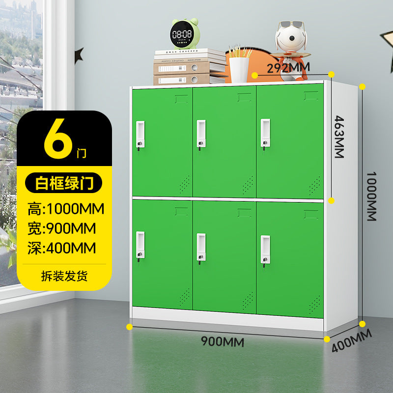 A colorful metal storage locker for school classrooms
