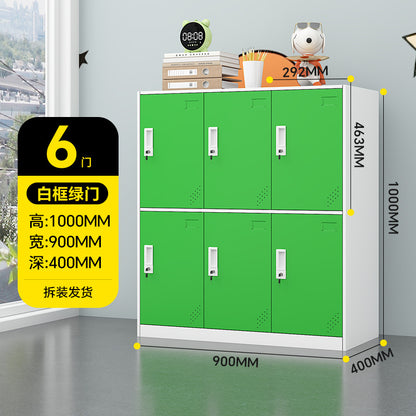 A colorful metal storage locker for school classrooms
