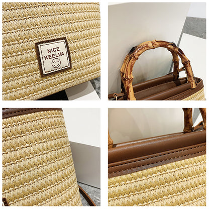 A summer new textured bamboo handle woven bag Thailand travel vacation fashion messenger straw bag