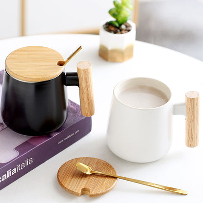 A wooden handle ceramic water cup