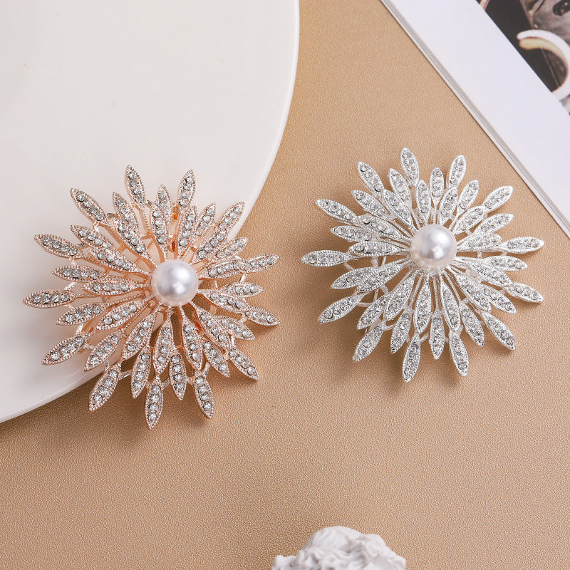 A hot-selling gold sunflower brooch creative diamond-encrusted pearl versatile temperament brooch blazer collar pin with accessories - Mixbatch