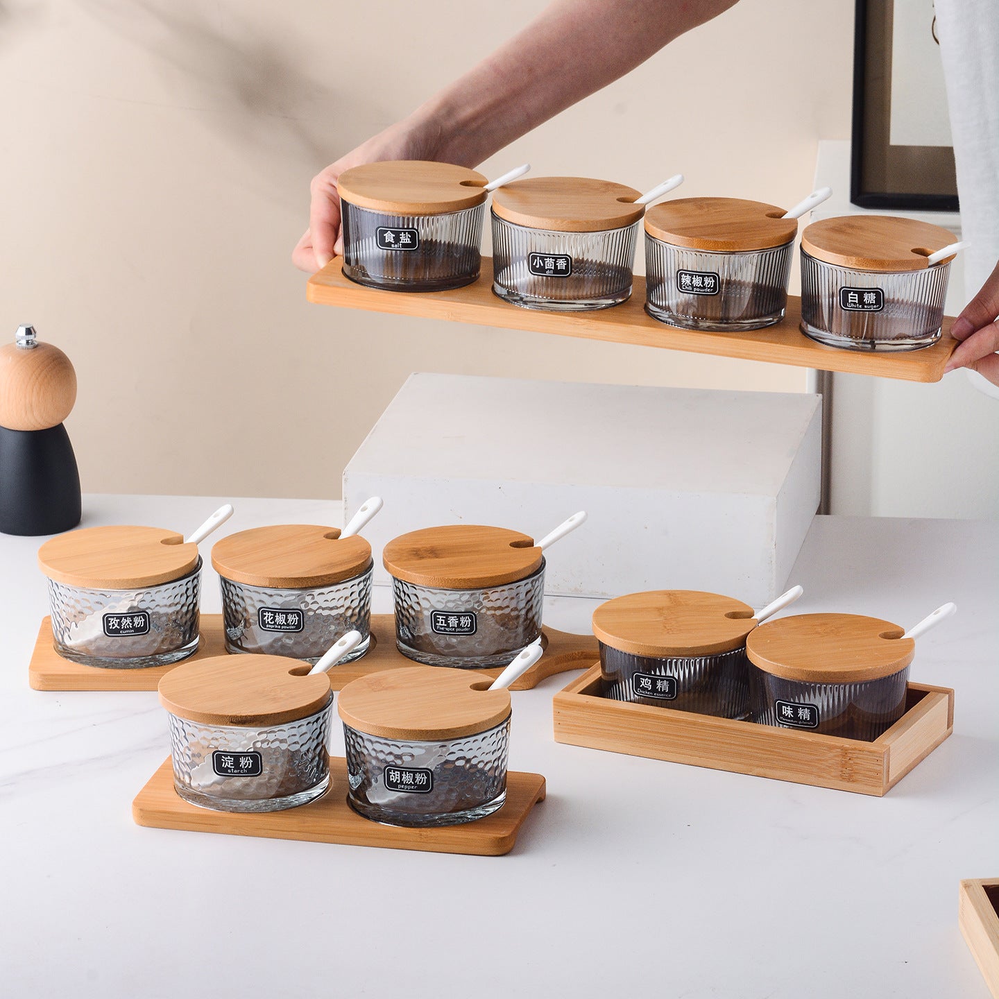 A kitchen seasoning box bamboo cover glass jar