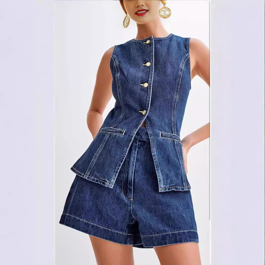 Summer Fashion Sleeveless Casual High Waist Denim Shorts Set - Mixbatch
