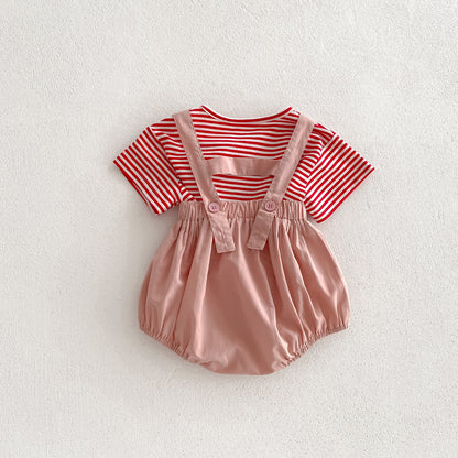 A 2024 summer new baby onesie for boys and girls cute bear strap bag fart shirt short sleeve t-shirt set - Mixbatch