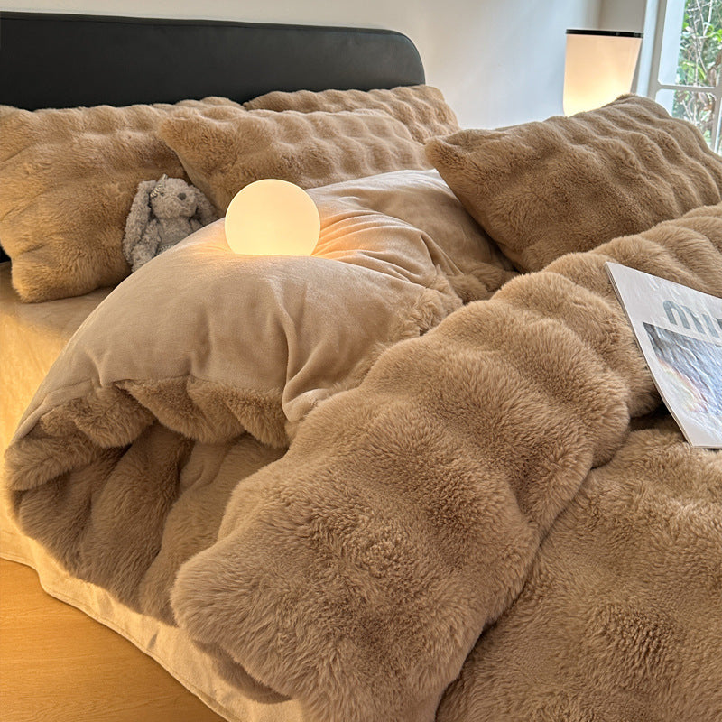Class A 400 high gram weight light luxury sense of luxury winter thickened rabbit rabbit down four-piece set milk velvet warm quilt cover solid color 4.0kg - Mixbatch