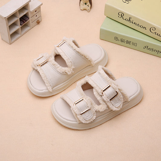A simple medium and large boys and girls open-toed soft-soled versatile retro niche fringed slippers - Mixbatch