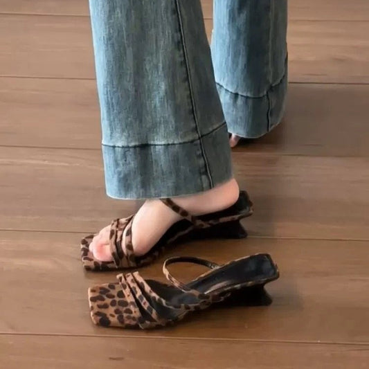 A slope heel leopard print sandals summer wear high heels