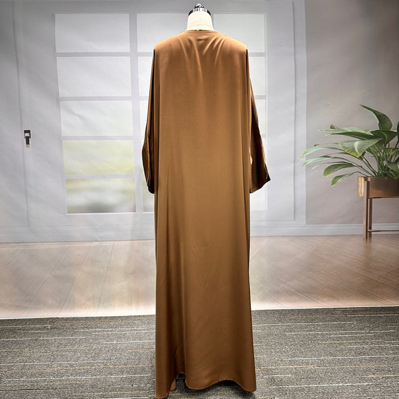 New Middle Eastern Muslim Fashion Elegant Cardigan Satin Dress Robe - Mixbatch