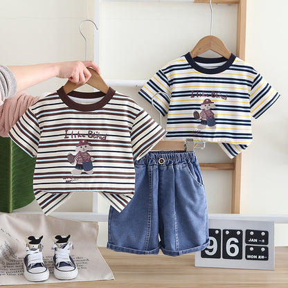 A Children's Summer Retro Color Coffee Striped Short Sleeve T-Shirt Boys and Girls Cartoon Crew Neck Half Sleeve Set