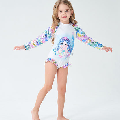 A Swimsuit girl mermaid long sleeve one-piece princess cartoon cute girl swimming