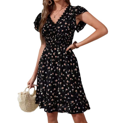 A lace V-neck elegant fashion flower print dress