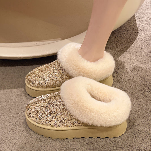 A plush sequined snow boot