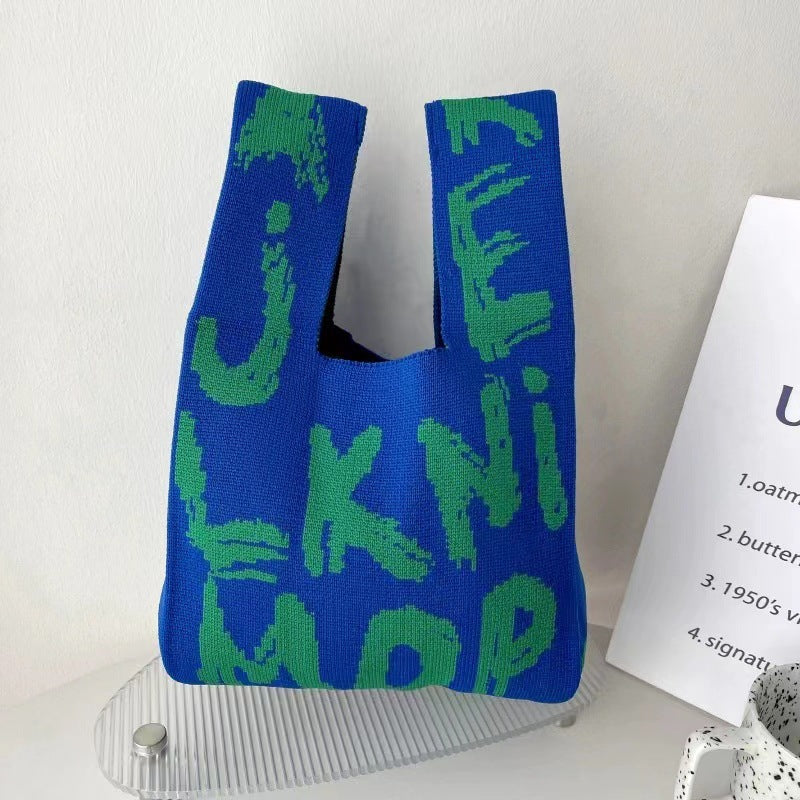 A Internet celebrity handbag women's knitted wool bucket bag Japanese and Korean version versatile hand carry casual tote bag box lunch bag y