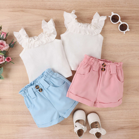 A Tengxin Children's Clothing Amazon Spring/Summer Small and Medium Children's Wooden Ear Tank Top Sleeveless Top Solid Color Shorts Girls' Set - Mixbatch