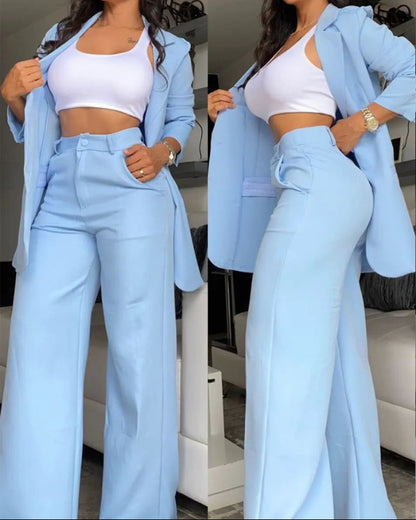 A women's temperament elegant solid color split sleeve lapel suit pocket straight pants suit