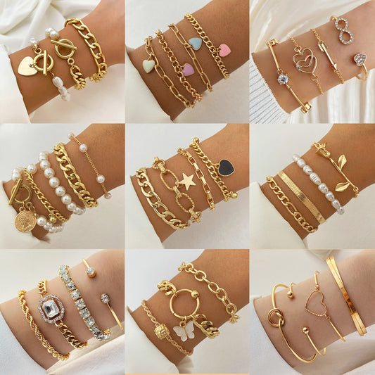 A European and American cross-border new products stack and wear personalized street auction love bracelet four-piece set exaggerated thread chain alloy bracelet women - Mixbatch