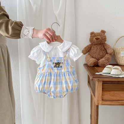 A 2024 Baby Boys Sweetheart Summer Baby Clothing Cute Little Bear Checkered Short Sleeves One Piece Pack Fart Sweetheart Siblings - Mixbatch