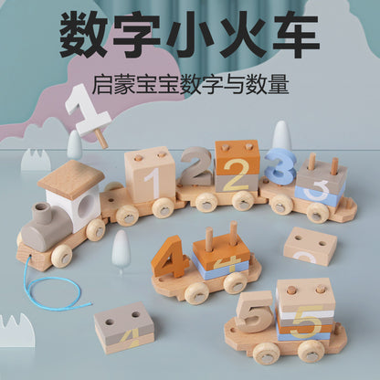 A young children wooden early education enlightenment digital color cognition collage building block drag small train educational toy