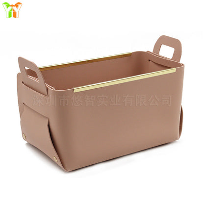A leather sock storage basket